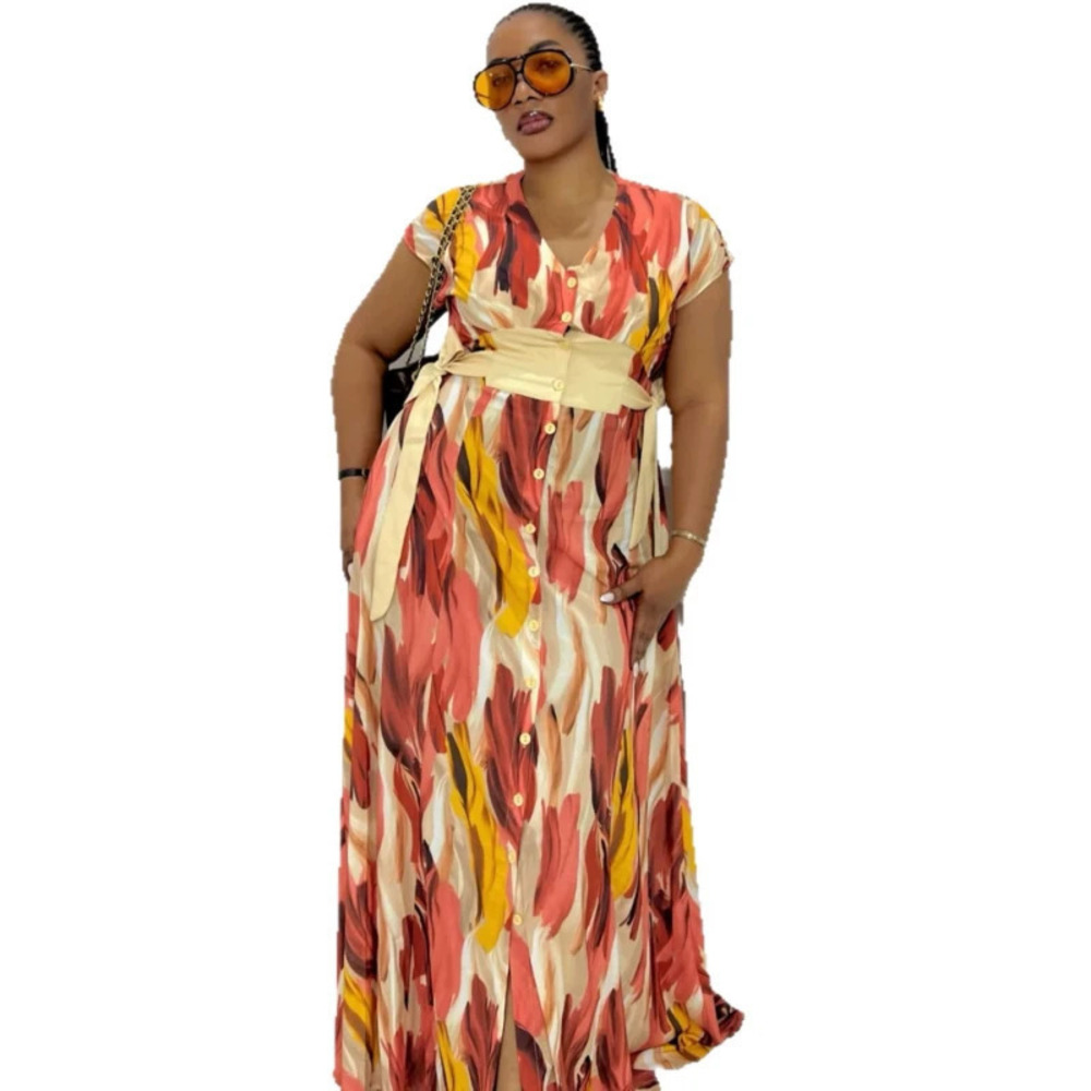 African Print Bow Tie Slim Fit Flared Maxi Dress